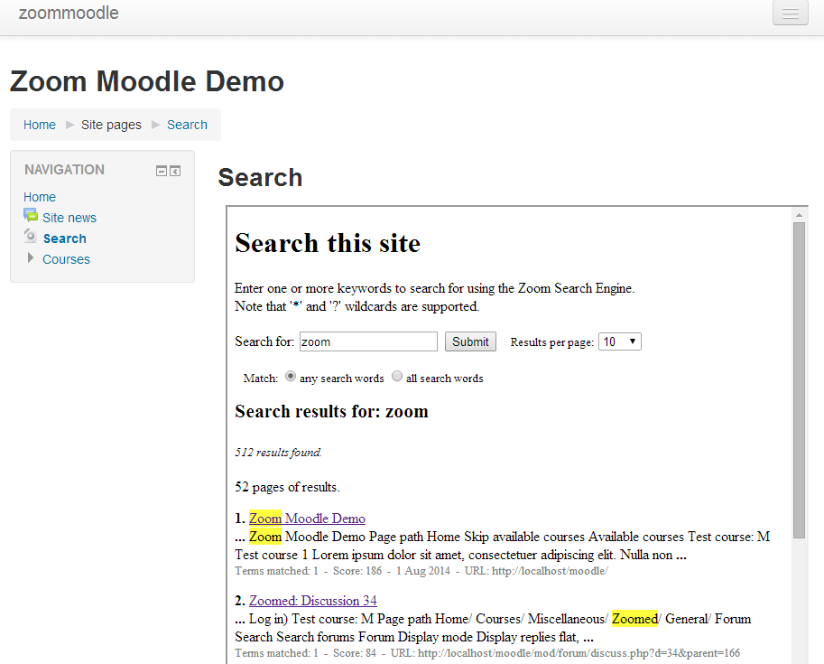 Search page on Moodle site