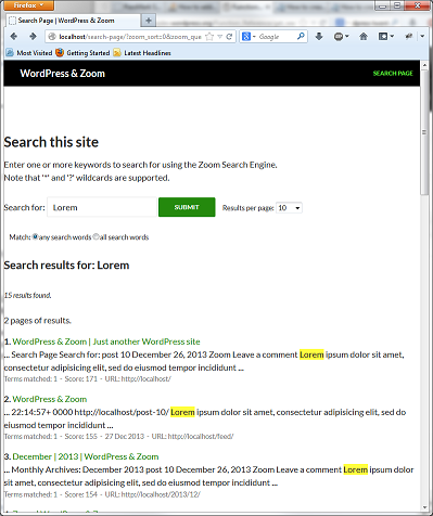 Search page on WordPress site